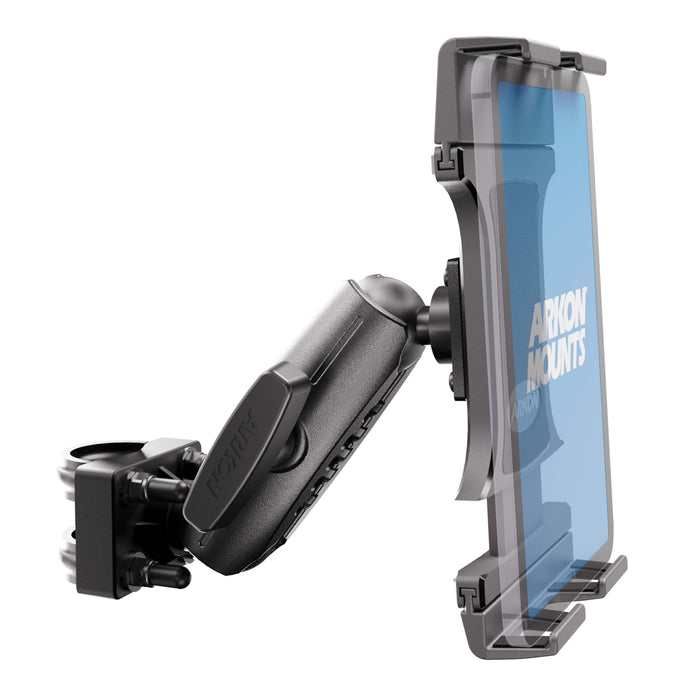 The XMS™ U-Bolt Mount with Slim-Grip Ultra Pro Tablet Holder securely holds a blue tablet displaying the words ARKON MOUNTS on the screen. This black adjustable holder features a clamp for surface attachment and a jointed arm for flexible positioning, making it an ideal solution for versatile tablet mounting needs.