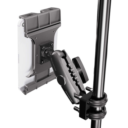 The XMS™ U-Bolt Mount with Slim-Grip Ultra Pro Tablet Holder is attached to a metal pole, providing secure tablet placement and featuring a knurled knob for precise positioning adjustments.