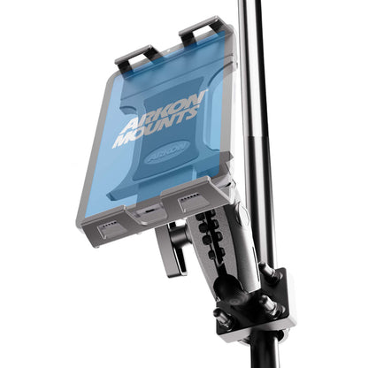 A blue XMS™ U-Bolt Mount with Slim-Grip Ultra Pro Tablet Holder is securely attached to a metal pole, featuring a robust U-bolt mount, adjustable clamps, and a sturdy mounting bracket.