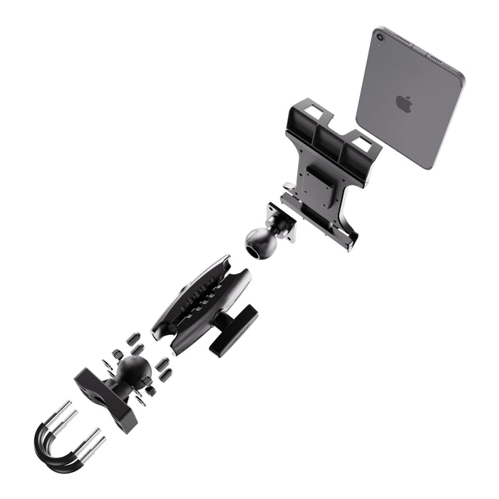 Exploded view of the XMS™ U-Bolt Mount with Slim-Grip Ultra Pro Tablet Holder in black, displaying individual components aligned in sequence, including the U-bolt mount clamp, adjustable arm, ball joints, and the Slim-Grip Ultra Pro holder with a tablet inserted.