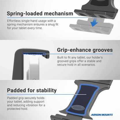 Tablet Cup Holder Mount with Slim-Grip® Ultra Pro Holder - 25mm features a universal, spring-loaded clamp with grip grooves and cushioned, padded arms for a secure hold, enhanced grip, and vibration-reducing stability. Ideal as a car tablet mount or paired with cup holder mounts. Arkon Mounts logo appears in the corner.
