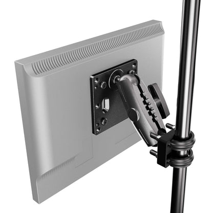 A close-up of an XMS™ U-Bolt Mount with VESA Mount attached to a vertical pole, showing the monitor’s mounting bracket and tightening knobs.